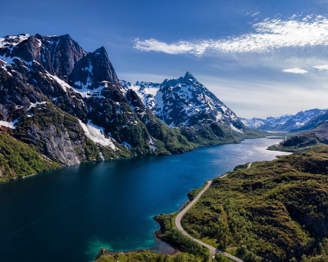 Красивый вид на фьорд и горы, Лофотенские острова. Норвегия 