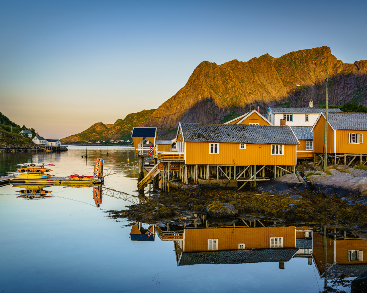 Деревья на сваях на острове Лофотен у гор, Норвегия 