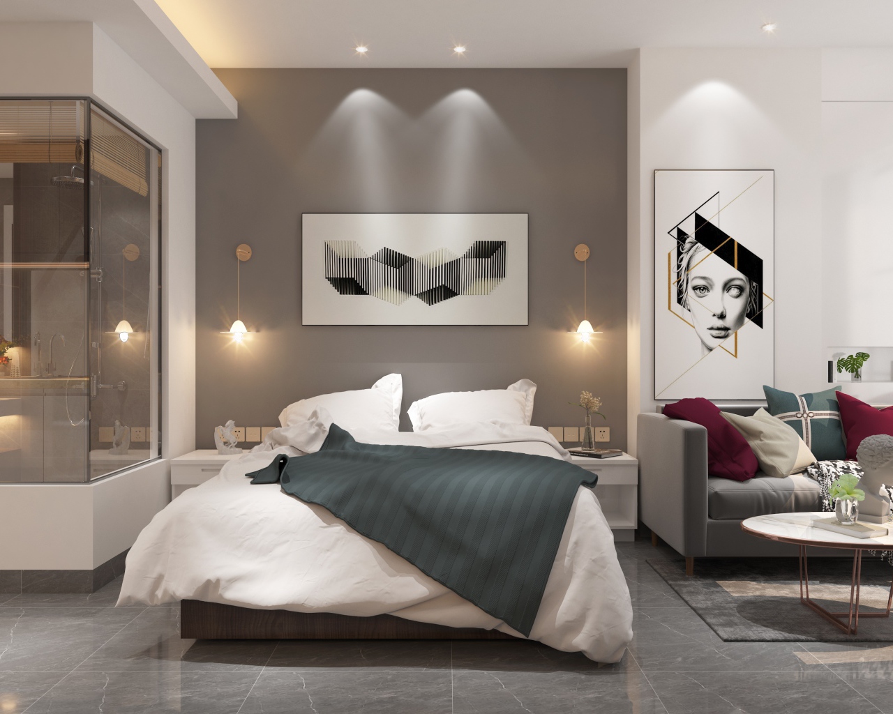 Красивая спальня с гостиной в стиле модерн