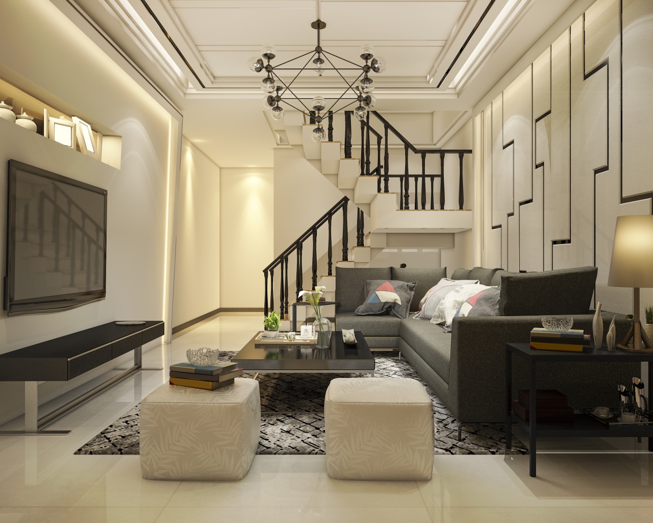 Красивая гостиная комната с большим телевизором и лестницей 