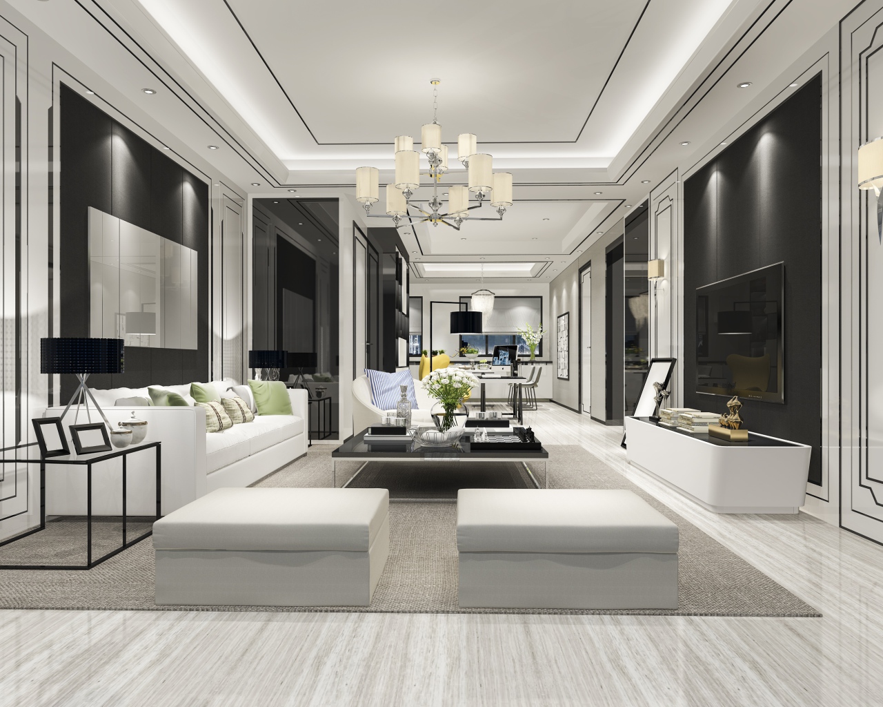 Большая просторная гостиная комната с белой кожаной мебелью