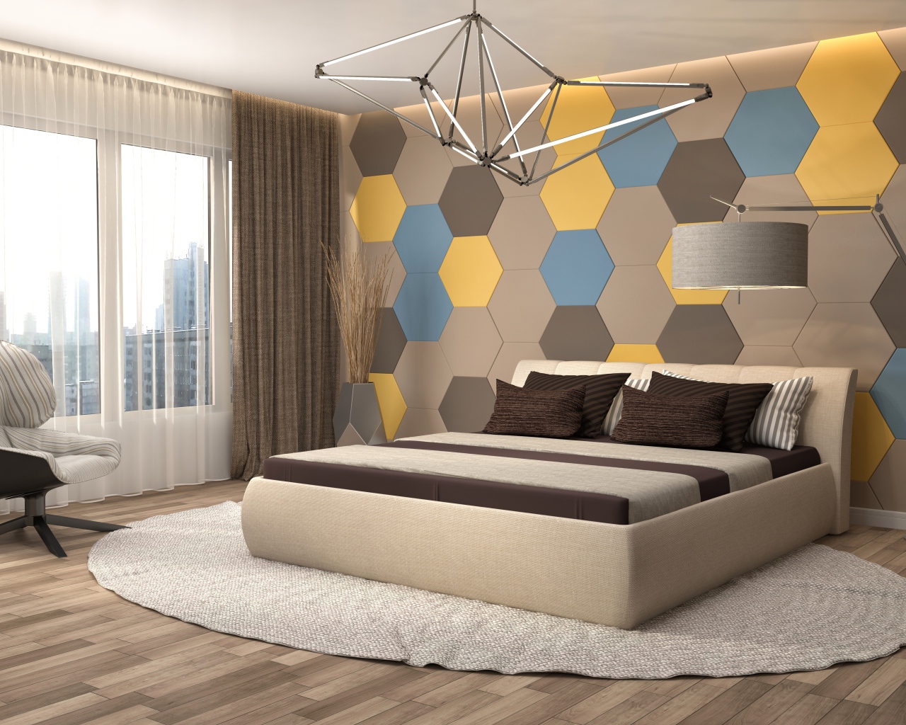 Спальная комната в стиле минимализм с большой кроватью 