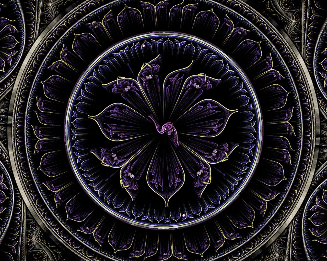 Красивый фиолетовый фрактальный рисунок с золотыми линиями