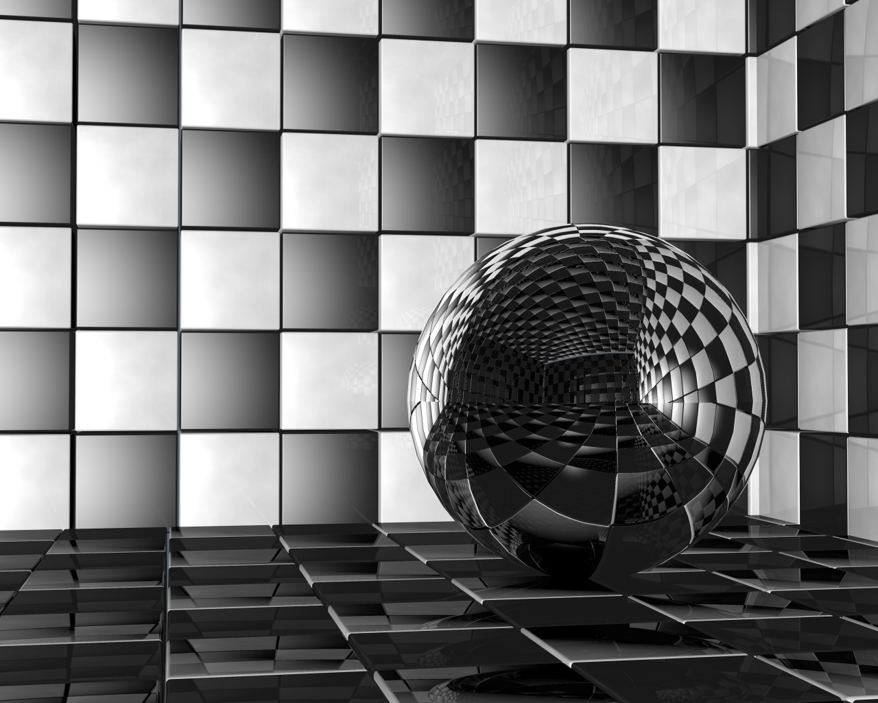Стеклянный шар в комнате с черно-белыми стенами 3д графика