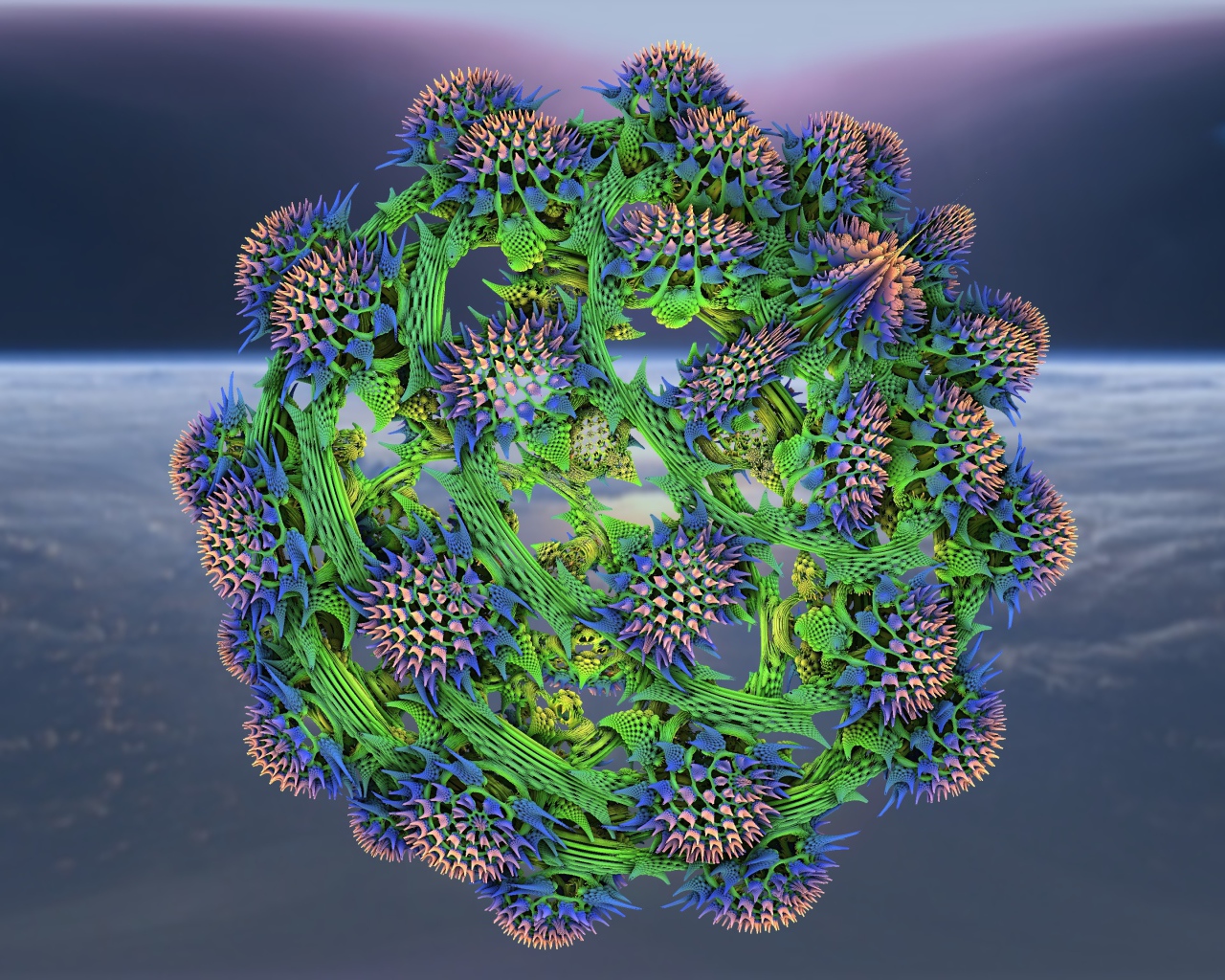 Большой колючий фрактальный цветок на сером фоне