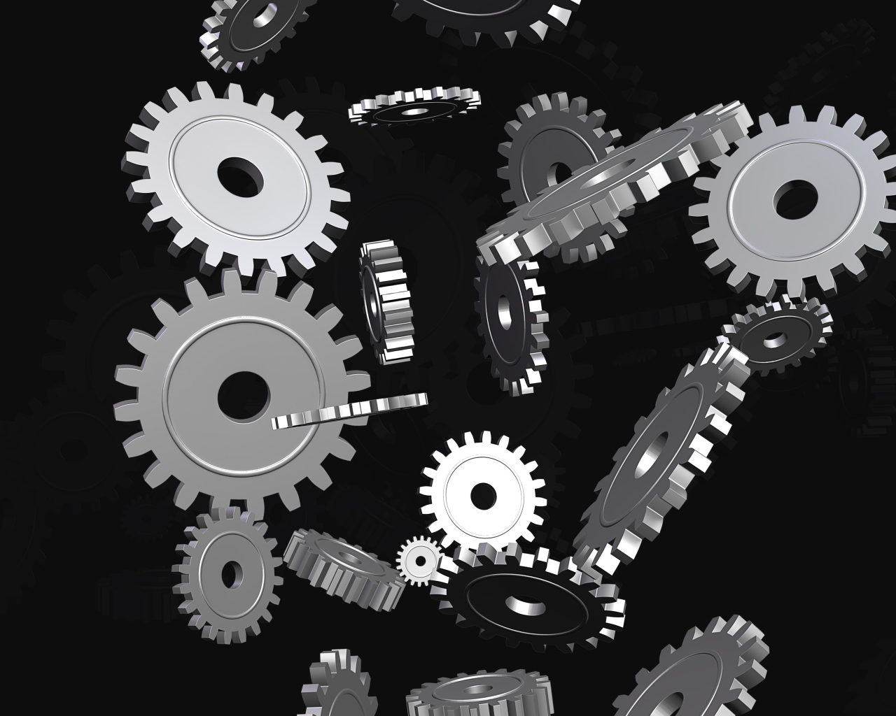 Металлические шестеренки в воздухе на черном фоне