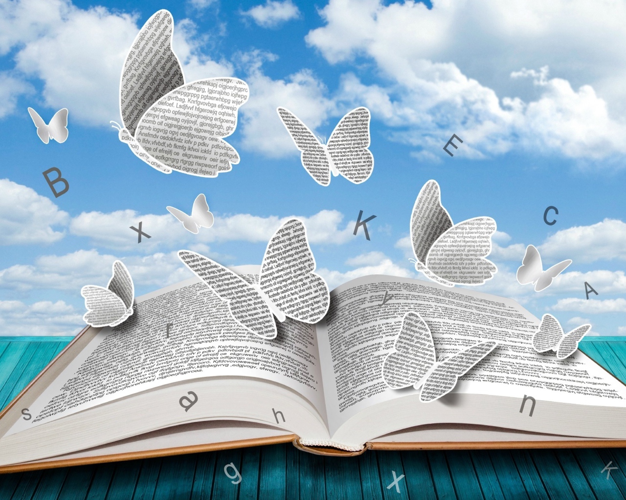 Бумажные бабочки и буквы над книгой 