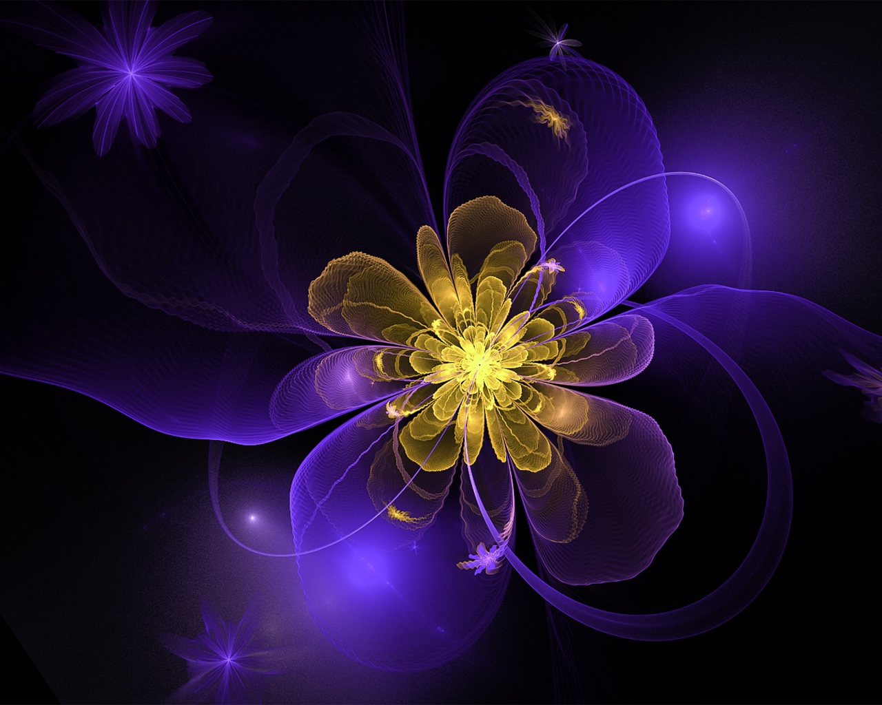Фиолетовый фрактал с желтой серединой на черном фоне