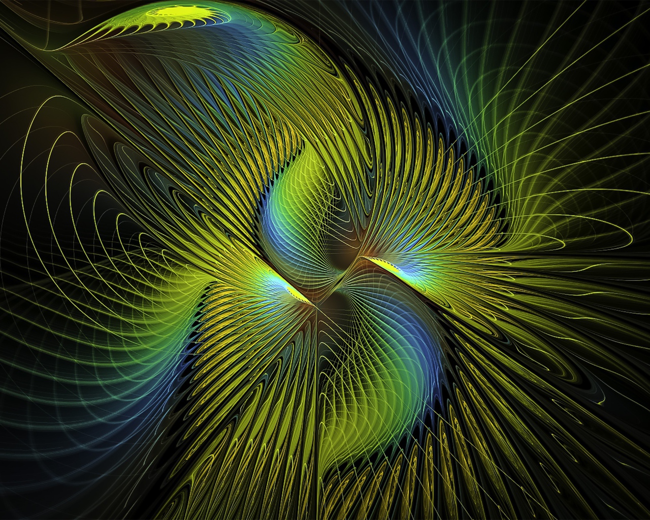 Переливающийся волнистый фрактальный узор на черном фоне