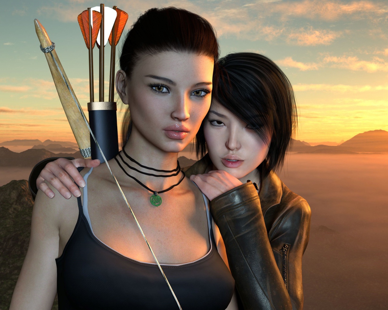 Две 3д девушки с луком и стрелами