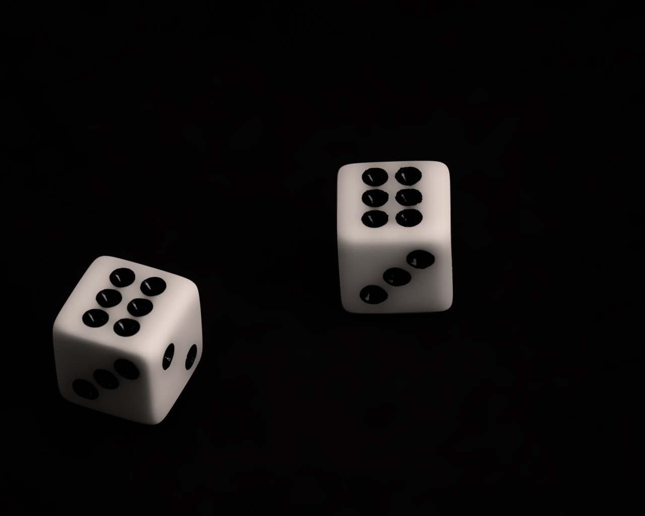 Две белые игральные кости с шестерками на черном фоне
