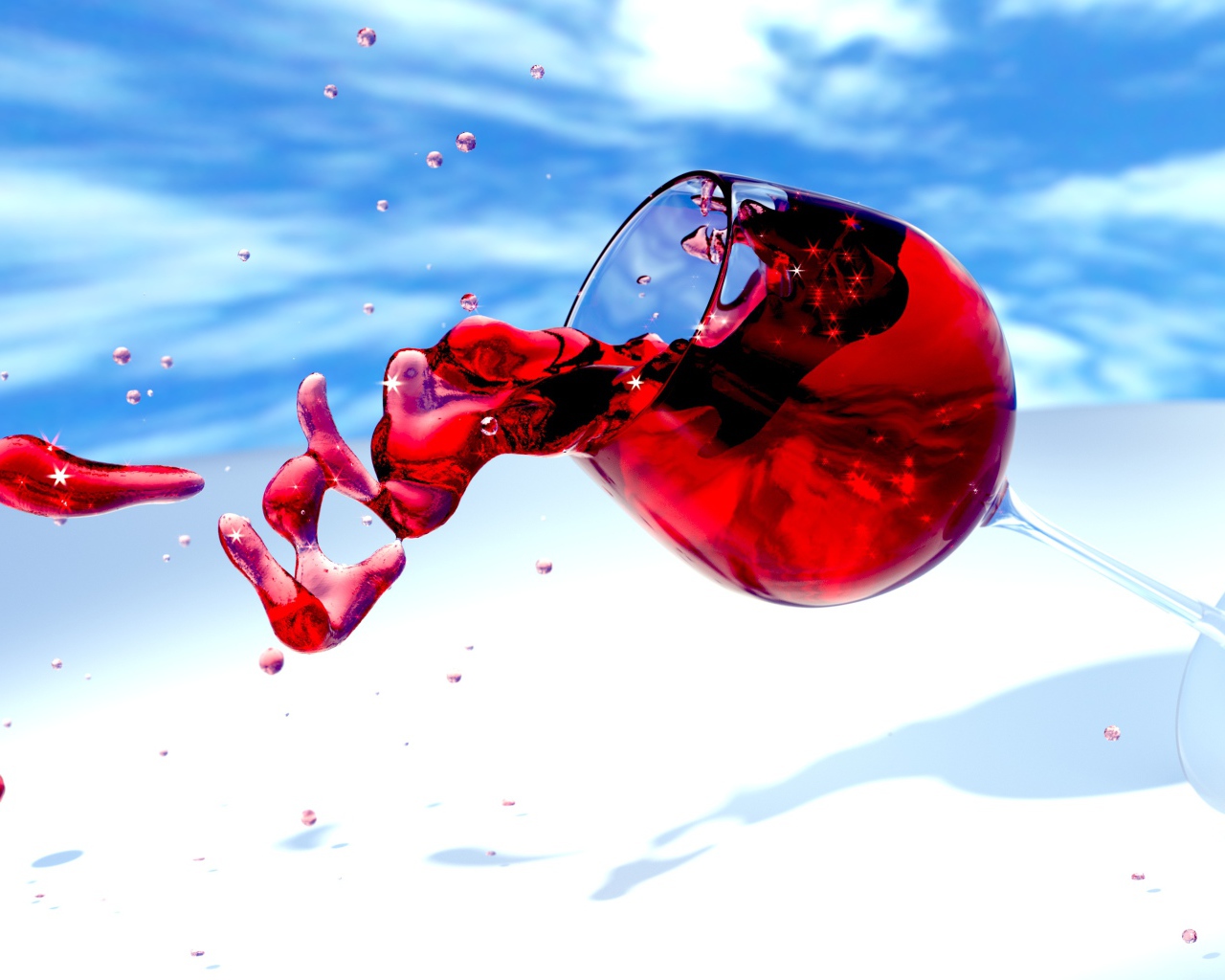 Вино выливается из бокала на фоне неба 3д графика