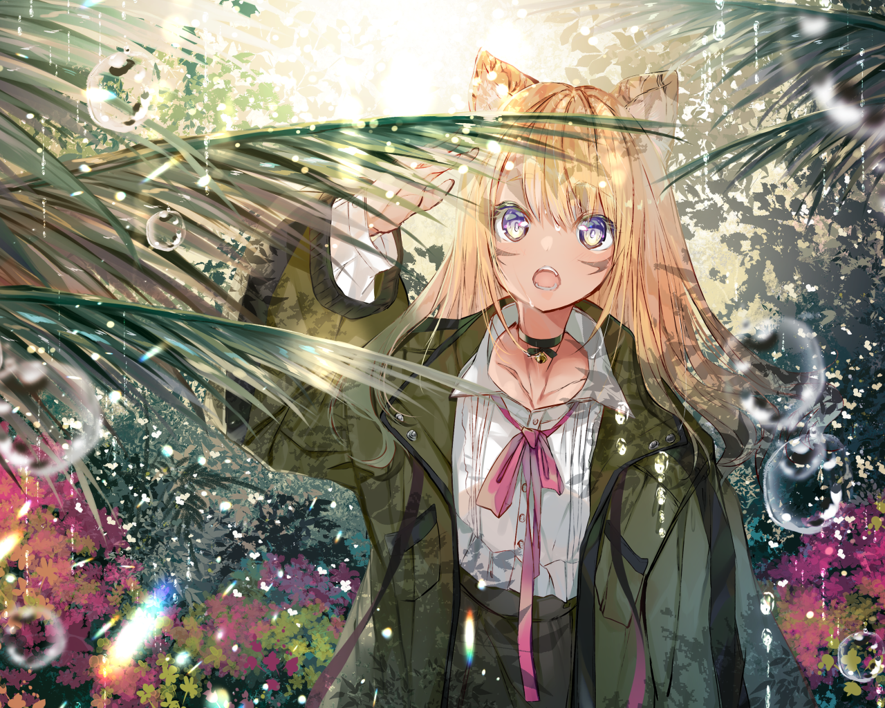 Аниме девушка в зеленых листьях папоротника