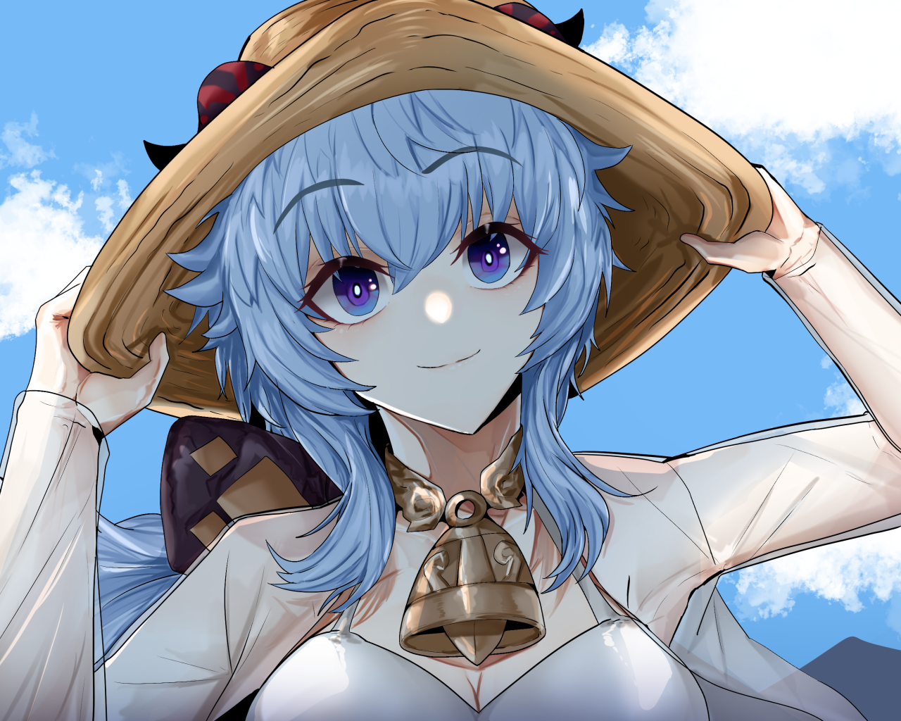 Anime girl with blue hair wearing a hat