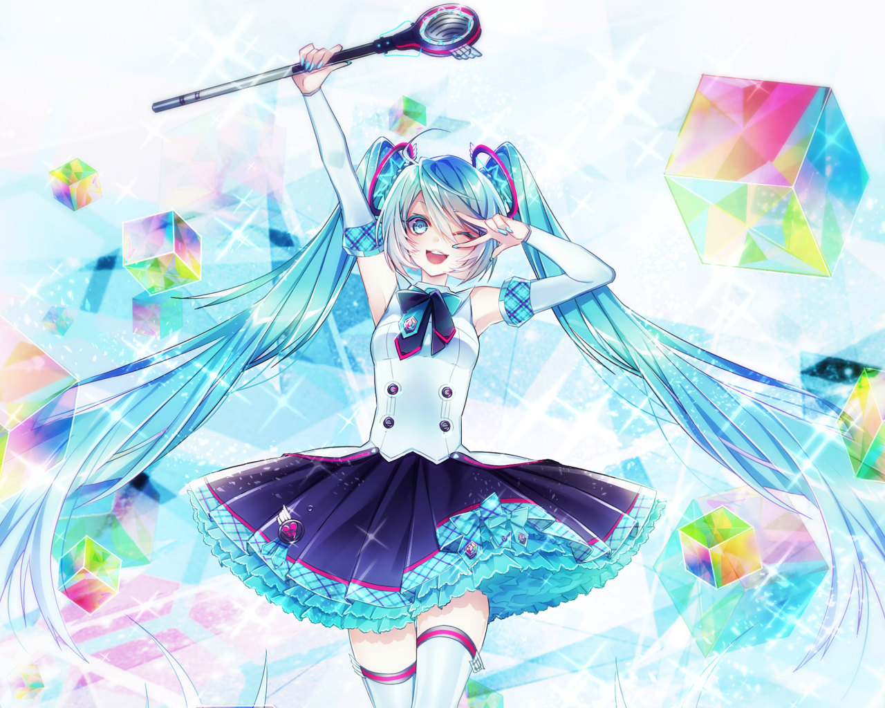 Девушка аниме с голубыми волосами с кристаллами