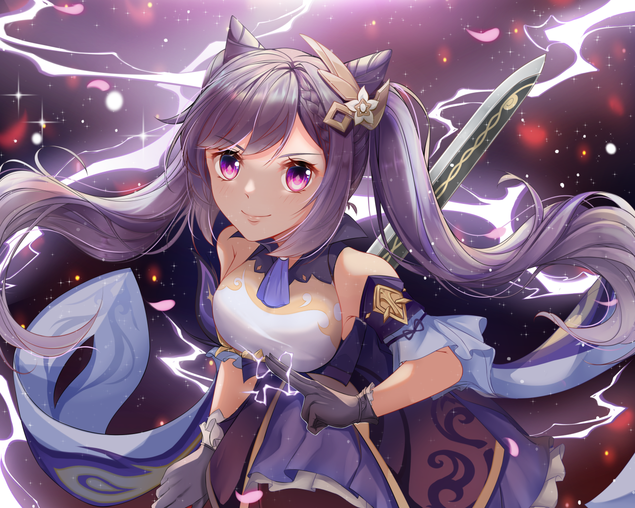 Девушка аниме с длинными сиреневыми волосами
