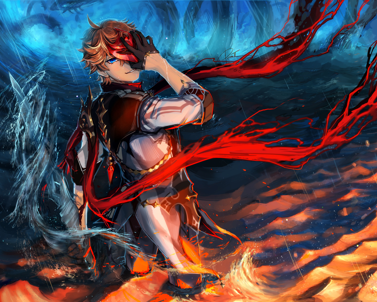 Мужчина аниме закрыл лицо рукой в воде