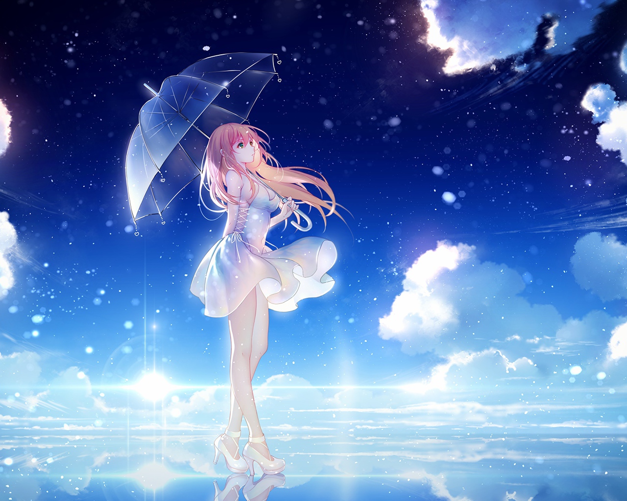 Красивая девушка аниме под зонтом на фоне  неба