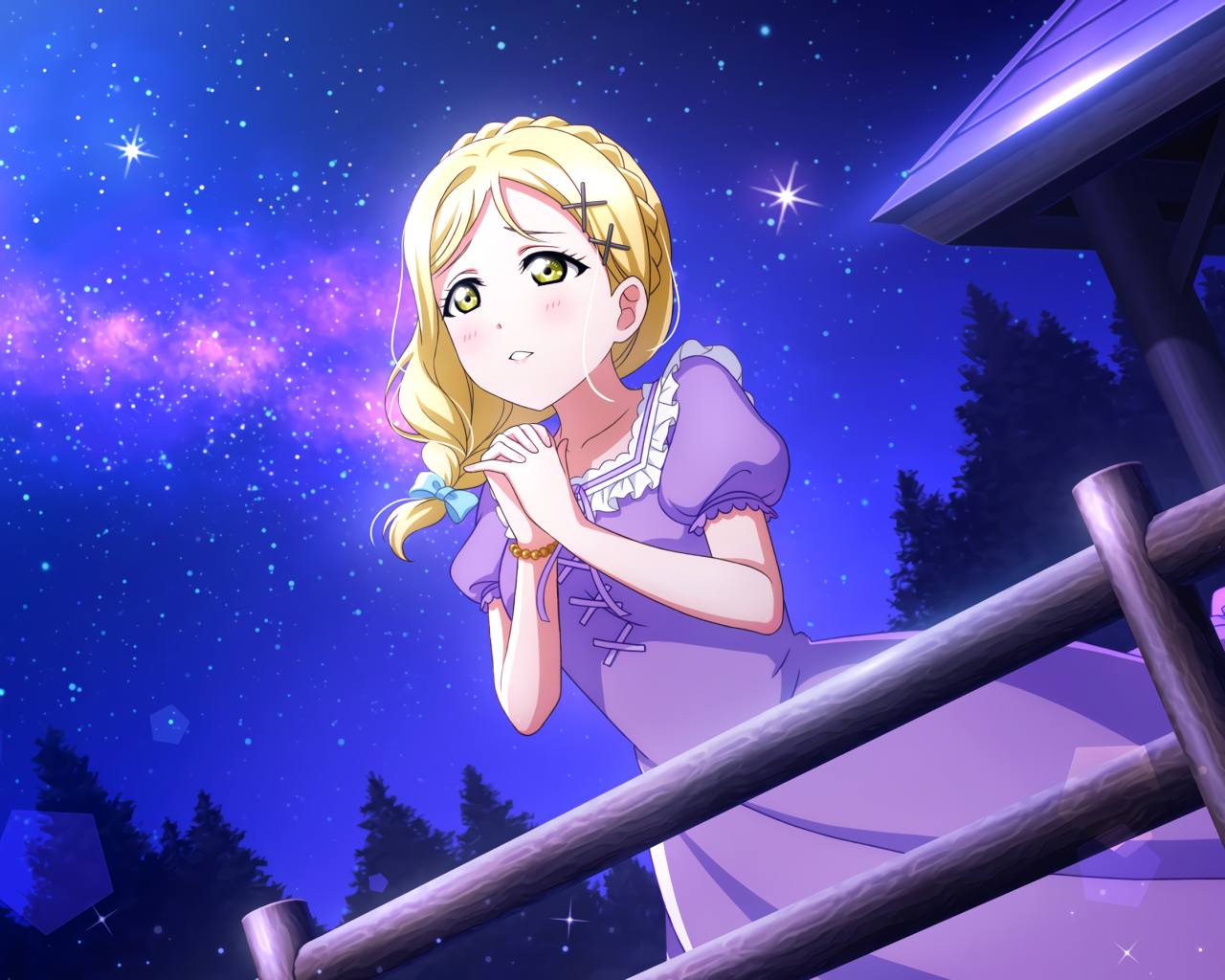 Грустная девушка аниме в фиолетовом платье 