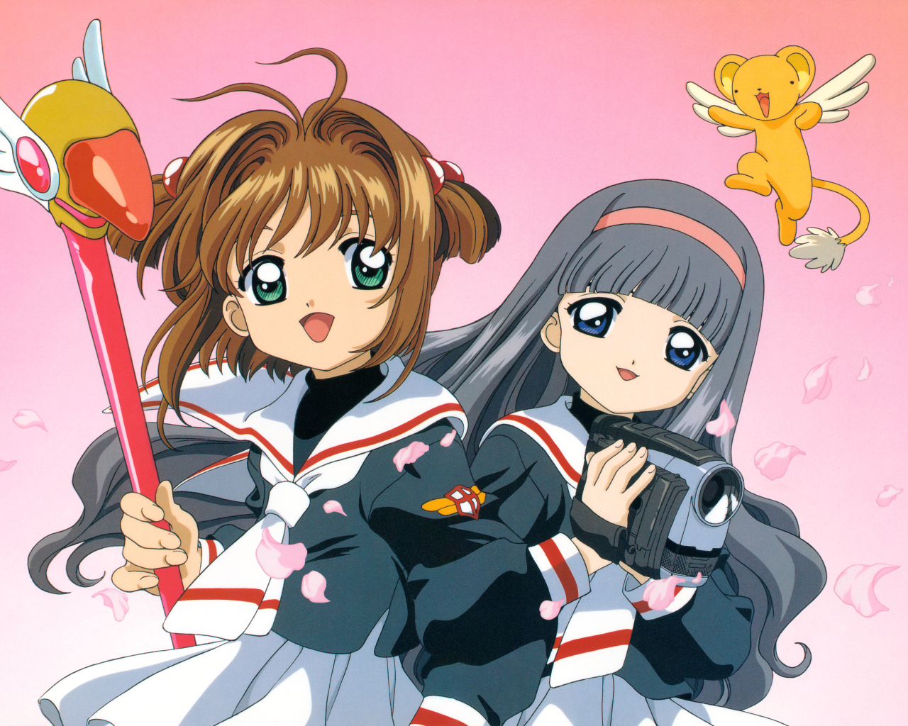 Две девушки аниме с камерой на розовом фоне