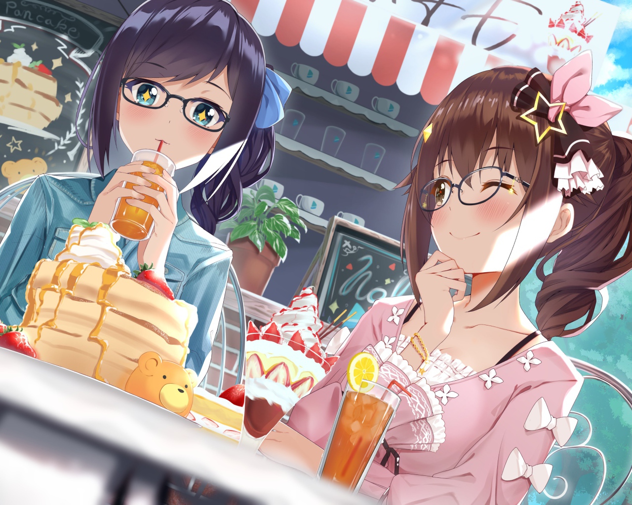 Две девушки сидят в кафе аниме  Виртуальный Ютубер