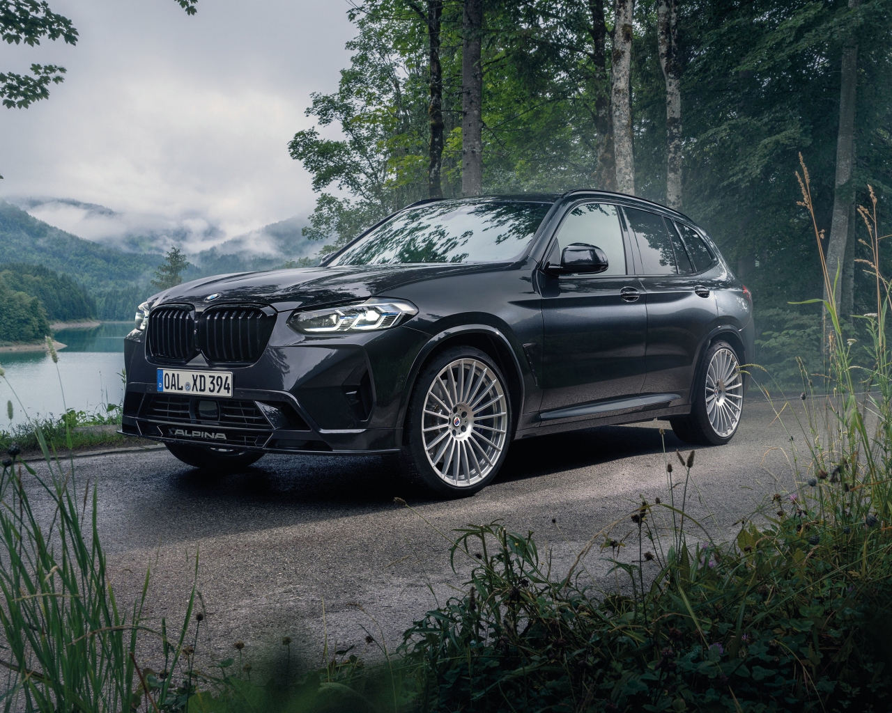 Черный внедорожник Alpina XD3 2021 года в лесу