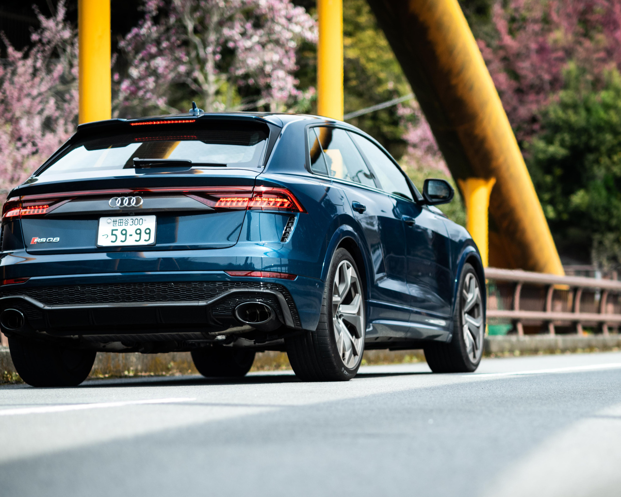 Синий кроссовер Audi RS Q8 2021 года вид сзади