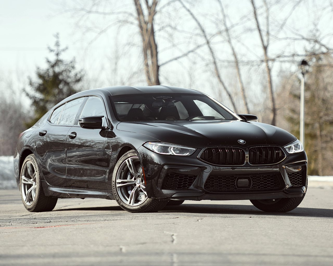 Черный автомобиль BMW M8 в лучах солнца