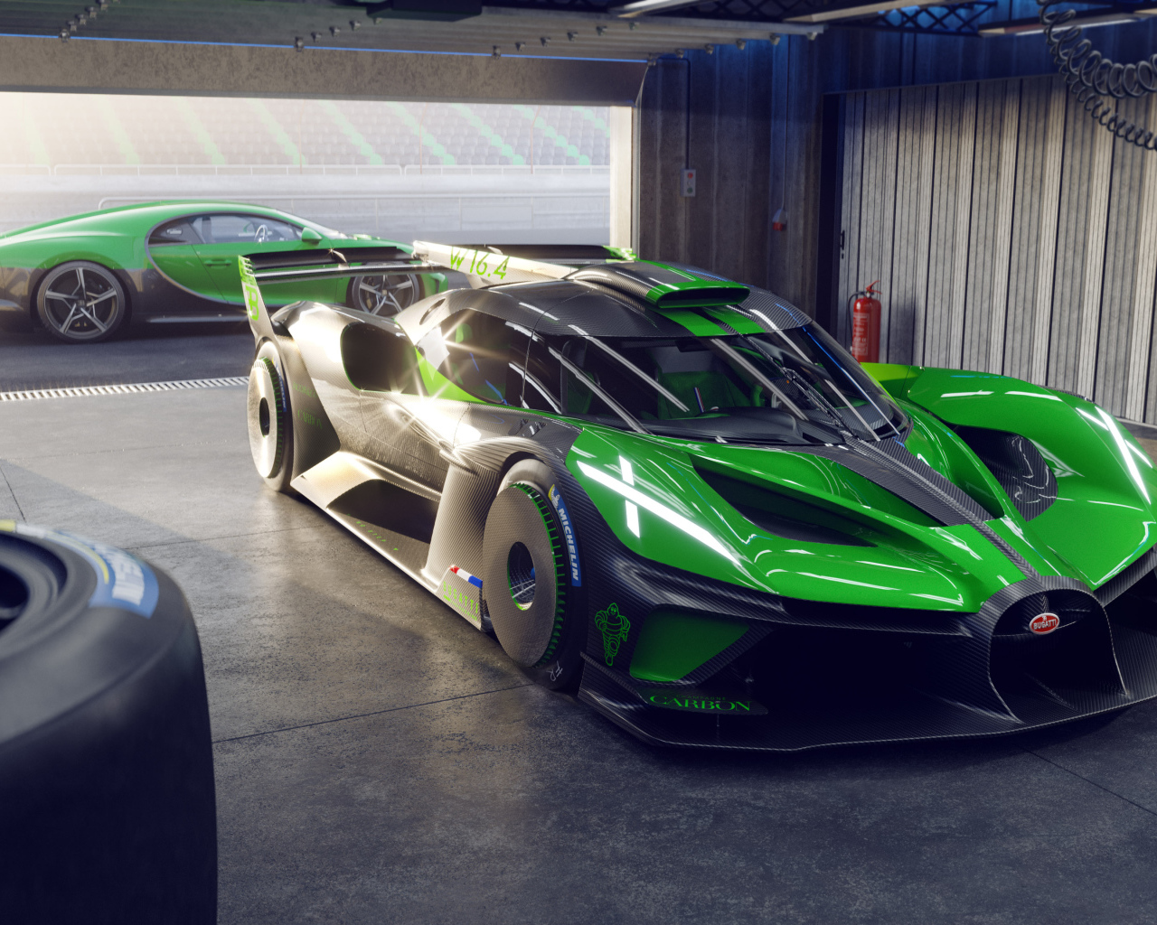 Зеленый гоночный автомобиль Bugatti Bolide 2022 года в гараже