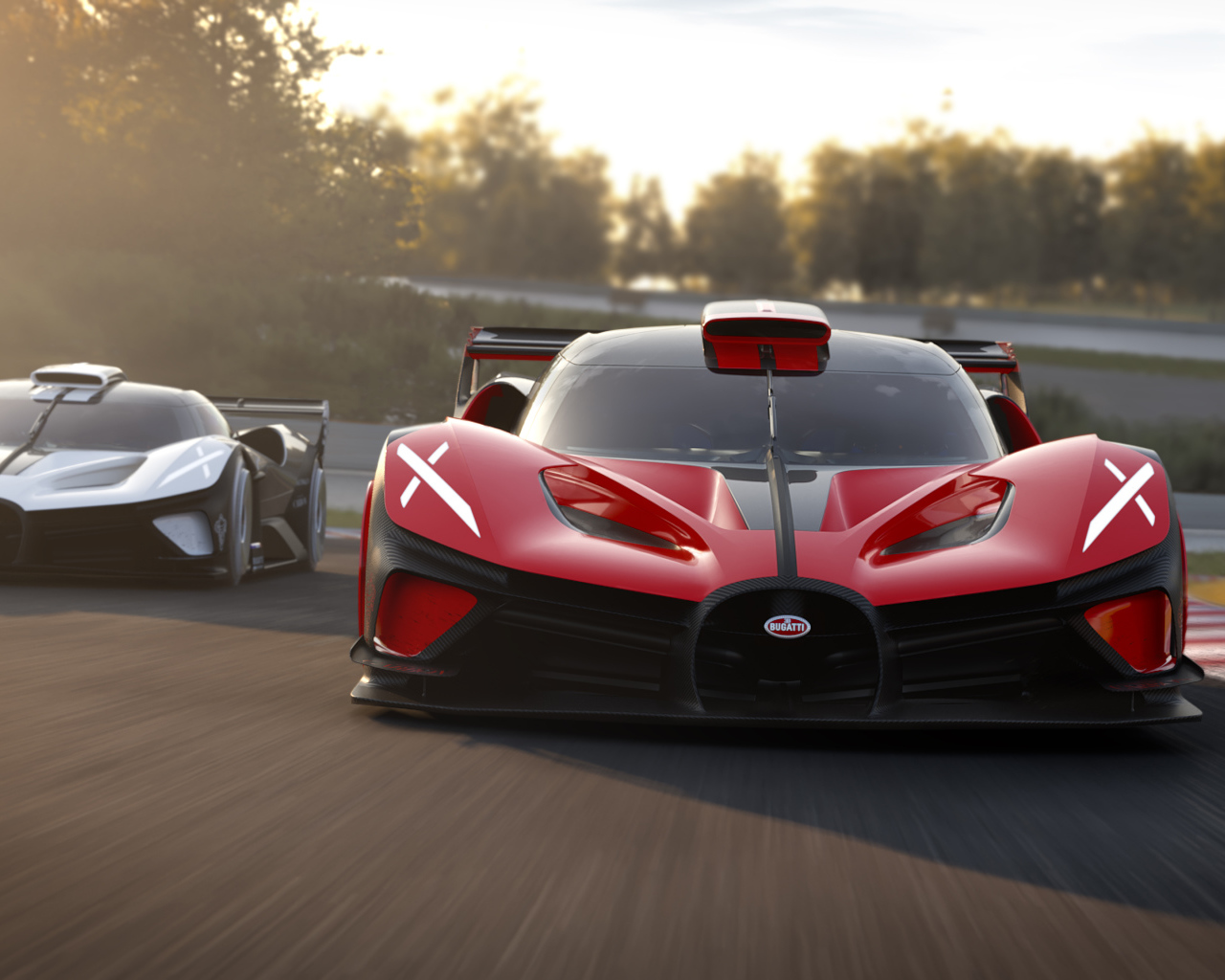 Красный Bugatti Bolide 2022  года на гоночной трассе