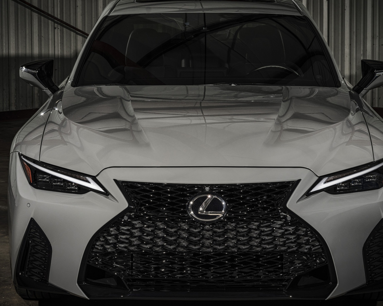 Белый автомобиль Lexus IS 500 F, 2022 года вид спереди