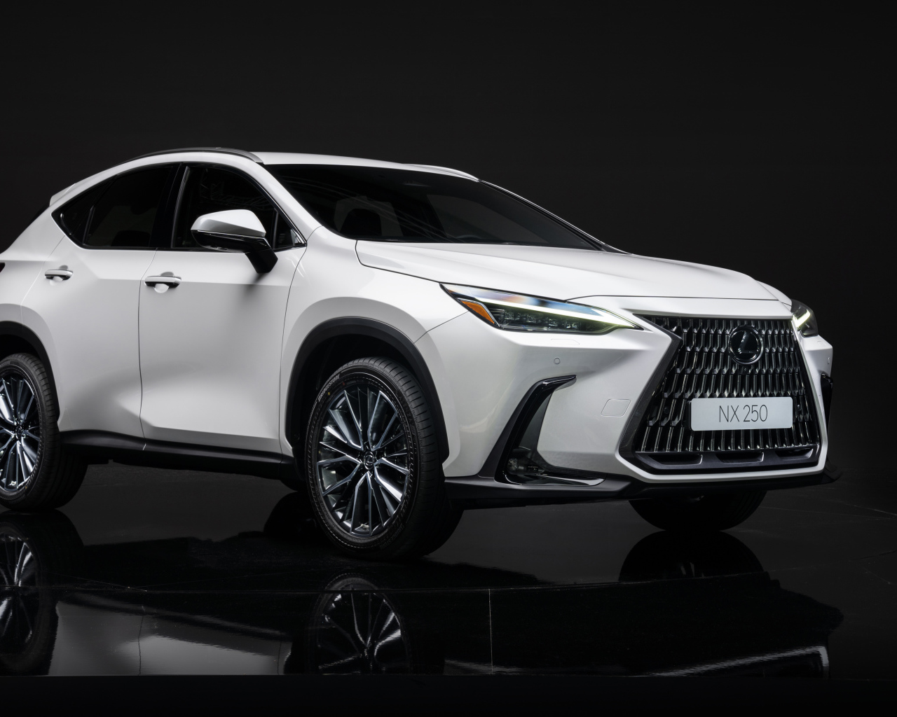 Белый автомобиль Lexus NX 250, 2021 года на черном фоне