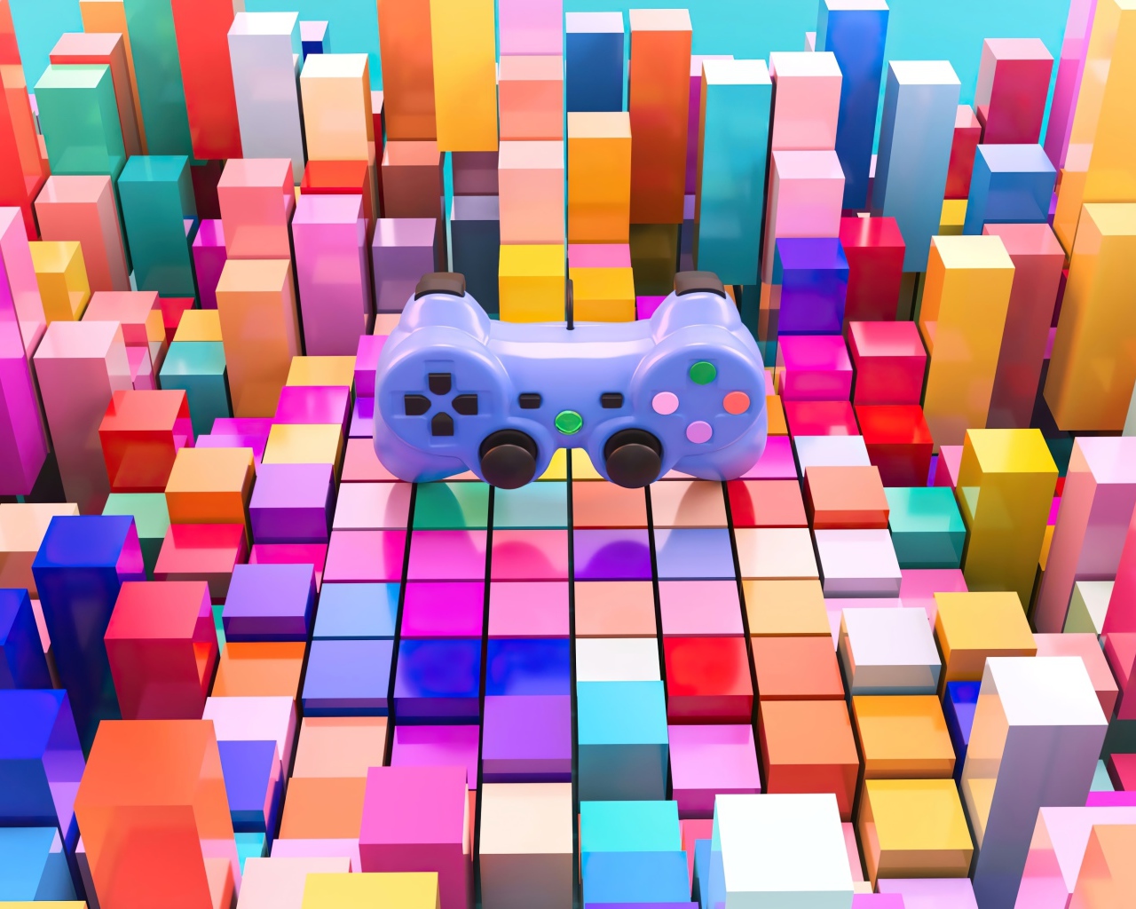 Игровой пульт от приставки Playstation на фоне четырехугольников 