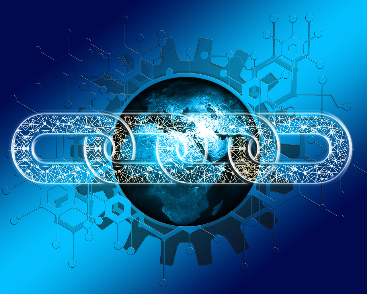 Информационная цепь с планетой земля на синем фоне 