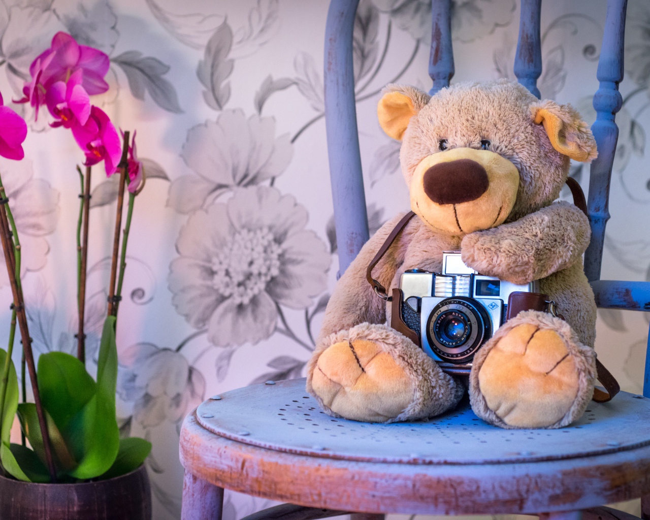 Игрушка медвежонок с фотоаппаратом на кресле