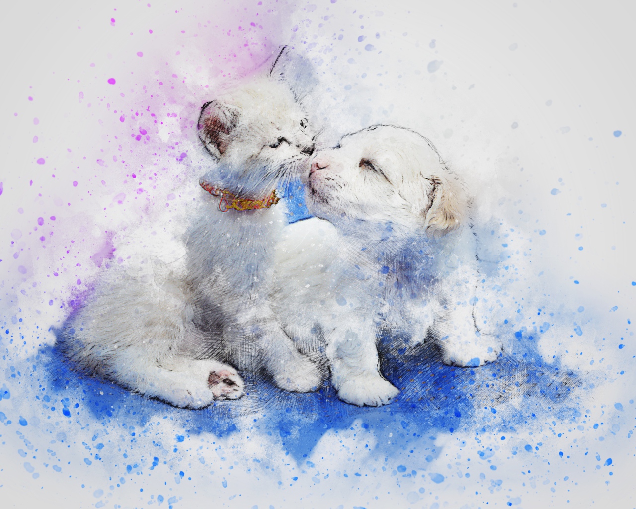 Нарисованные котенок и щенок на сером фоне