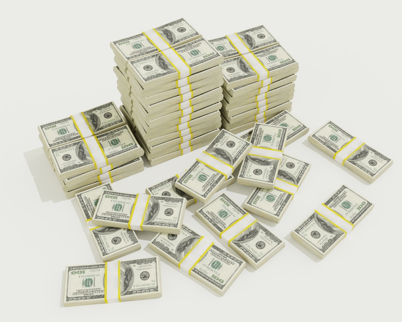 Пачки долларов на белом фоне