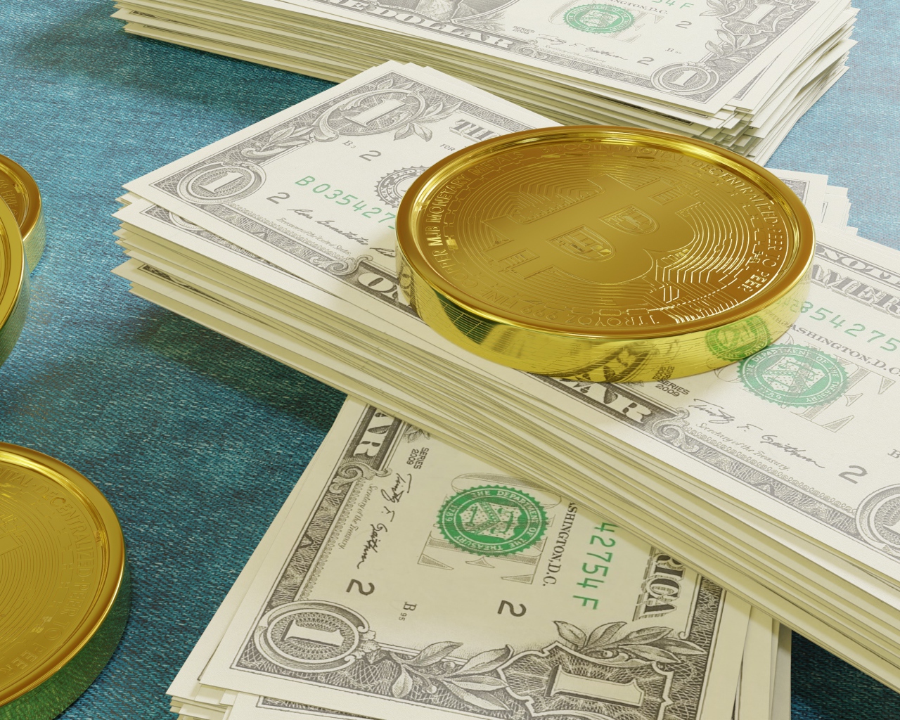 Доллары с золотой монетой биткоин 