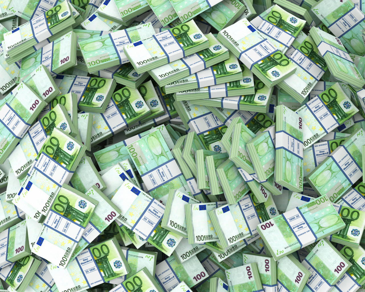 Много зеленых пачек евро крупным планом