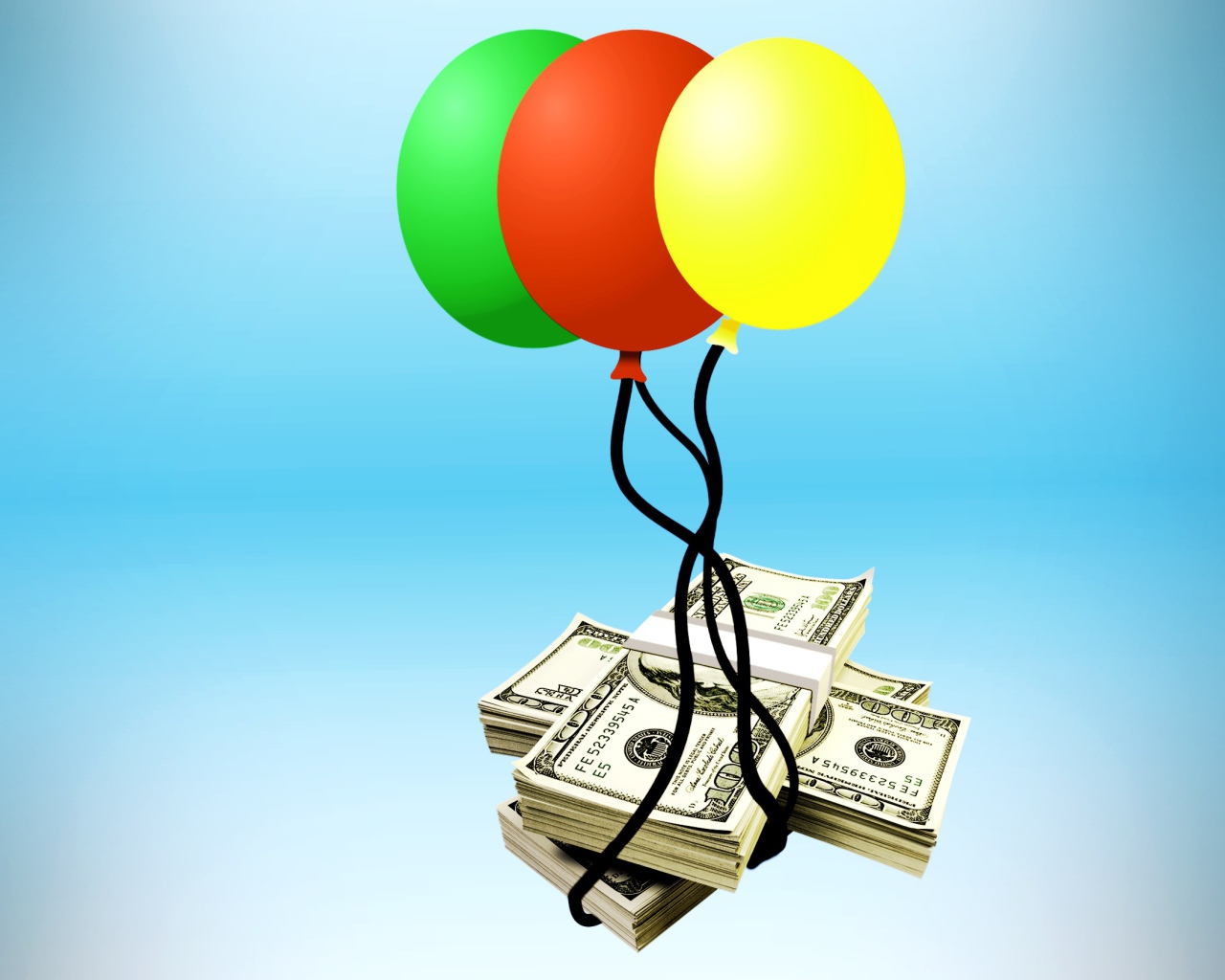 Деньги с воздушными шариками на голубом фоне 