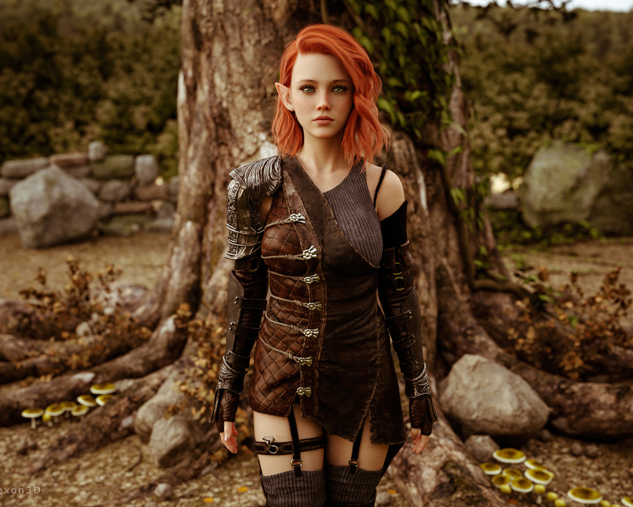 Девушка эльф стоит у дерева косплей