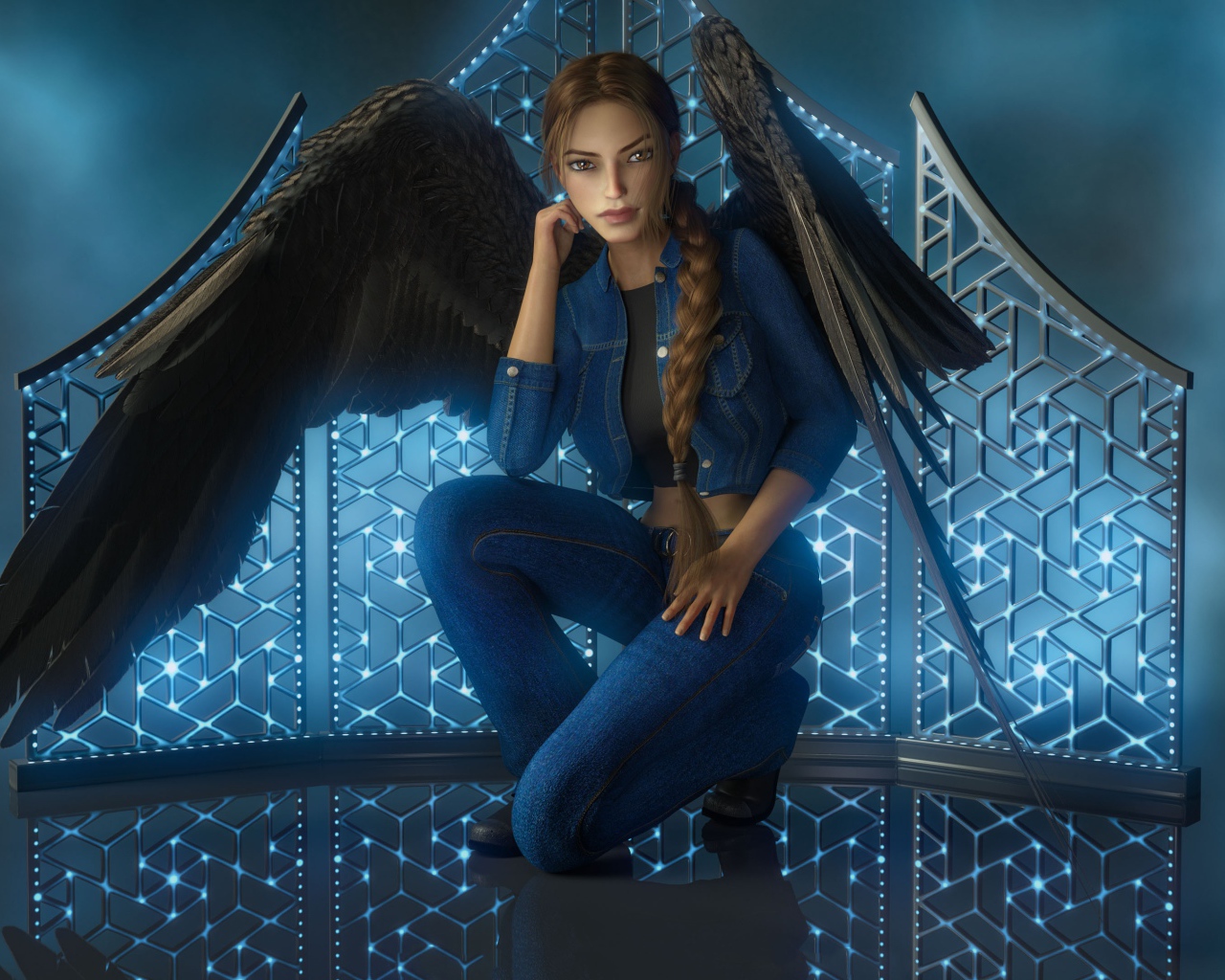 Девушка 3д с большими черными крыльями