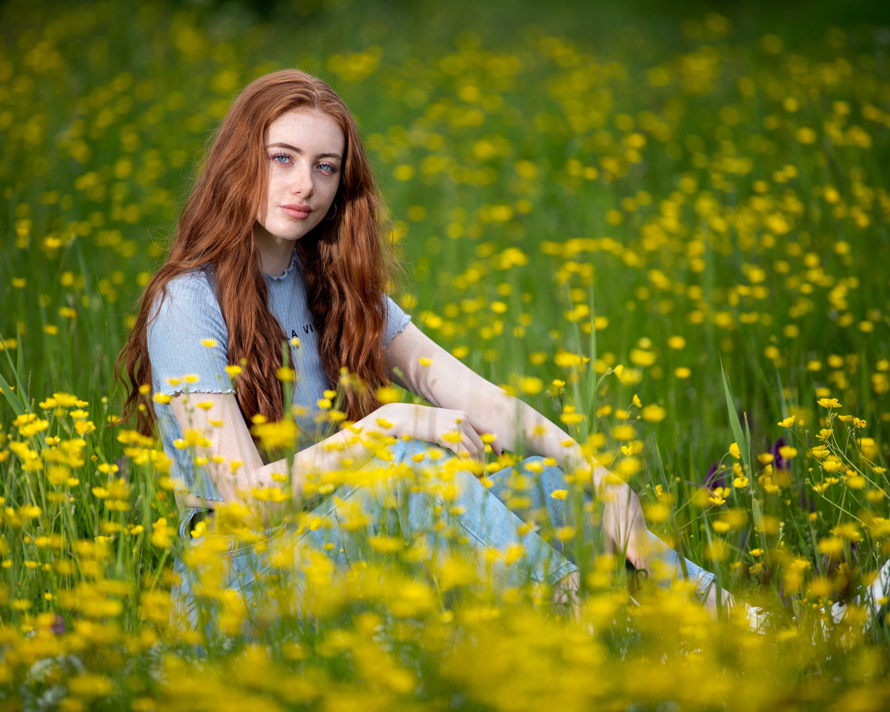 Голубоглазая девушка сидит на поле с желтыми цветами