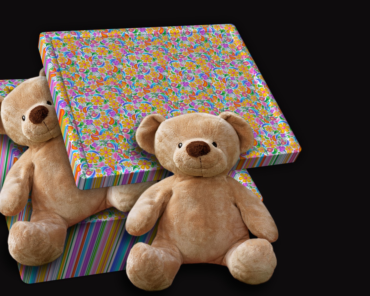 Подарок с плюшевыми медведями на черном фоне