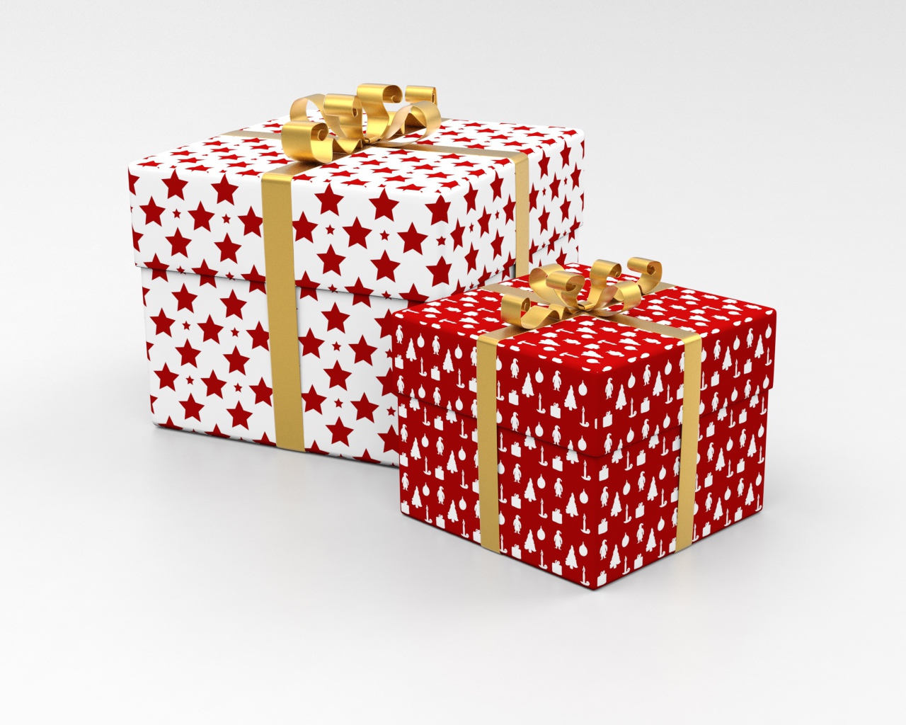 Две яркие коробки с подарками на сером фоне