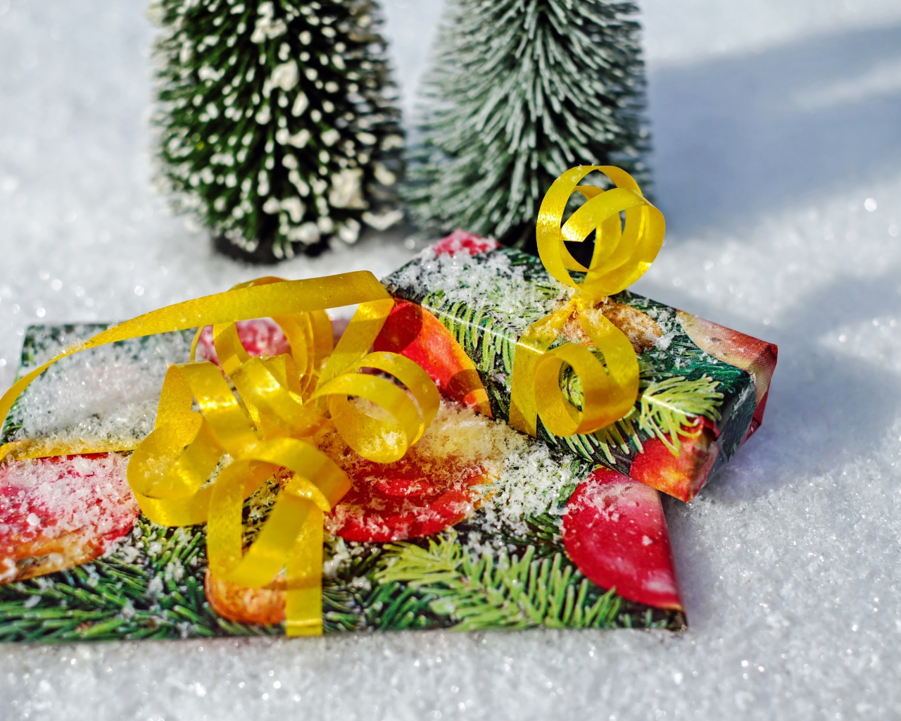 Два подарка с бантами на снегу 