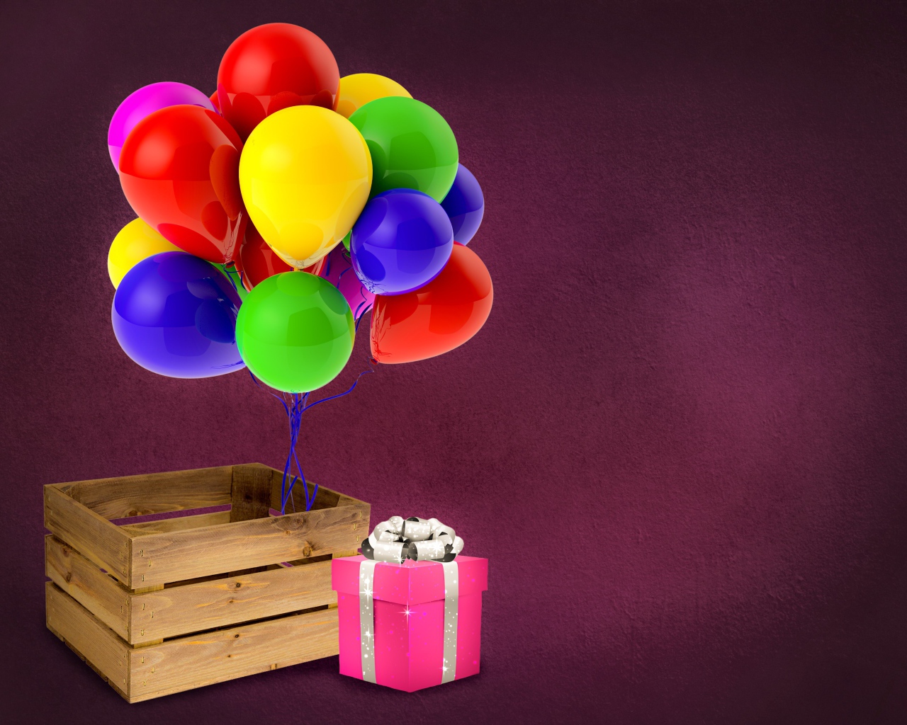 Деревянный ящик с подарком и шариками 
