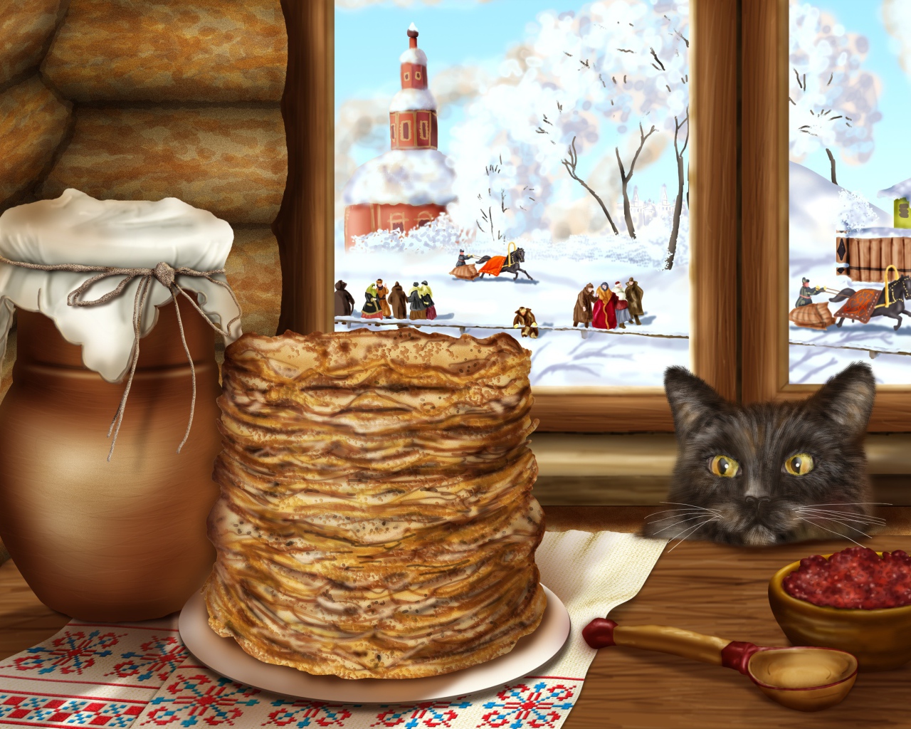 Кот сидит у стола с блинами на Масленицу