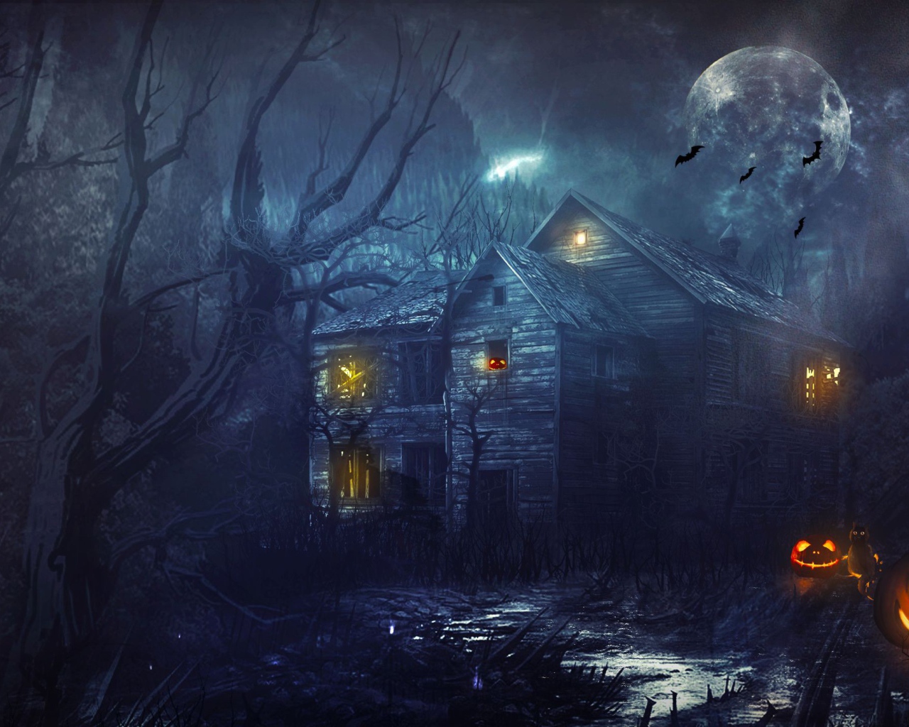 Старый деревянный дом с тыквами на Хэллоуин 