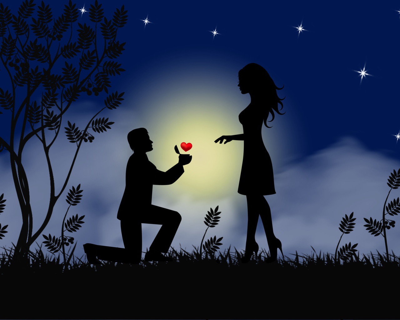 Парень делает девушке предложение на фоне луны